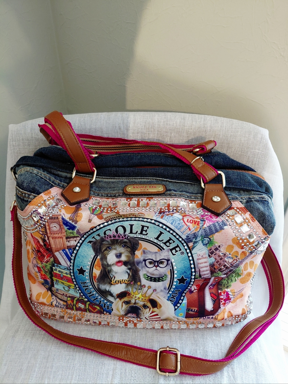 Nicole Lee Pink And Denim Mixed-Media Rhinestone Dog Print Purse